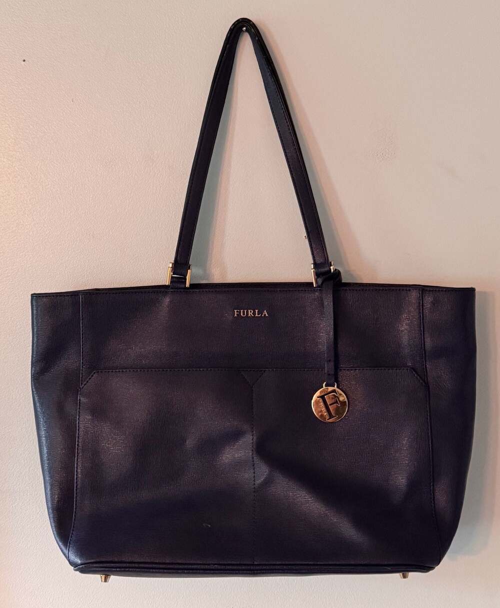 Polished Furla Linda Navy Blue Saffiano Leather Tote Bag with Gold Hardware